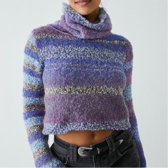 Free People Women’s My Girls Turtleneck Striped Sweater Cropped Midnight Pearl S - Picture 1 of 12